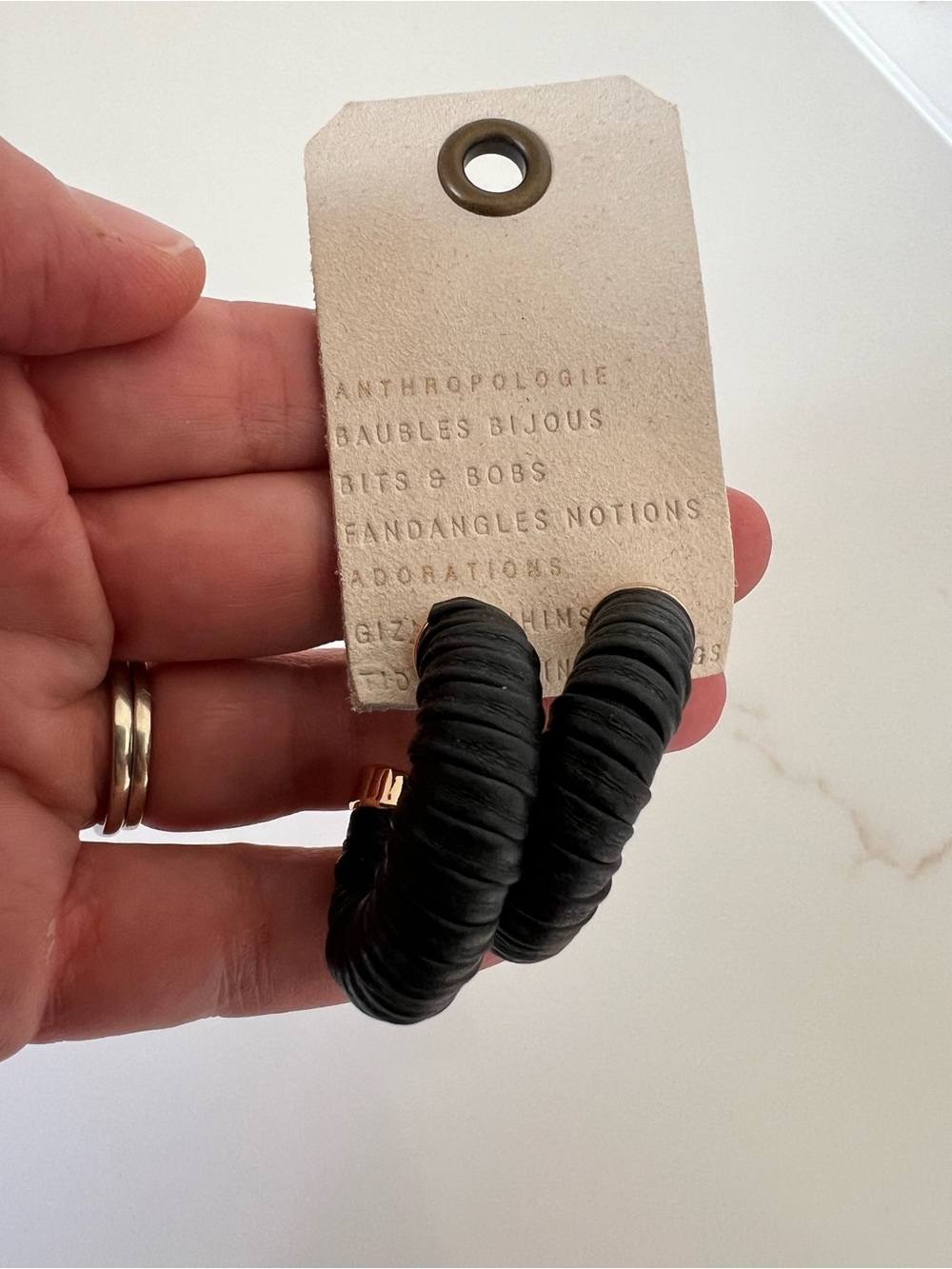 Anthropologie Faux Black Leather Wrapped Hoop Earrings with Gold Caps NWT - Picture 4 of 6